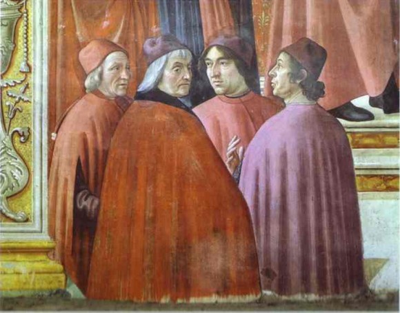Detalle de "Zacarías en el templo" fresco de Domenico Ghirlandaio en la Capilla Tornabuoni de Santa Maria Novella, en Florencia. Marsilio Ficino es el primero por la izquierda.