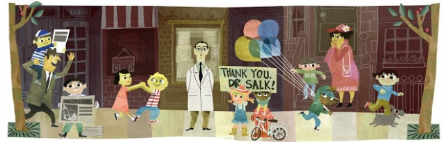 Marta Macho, nos recordaba el 28 de octubre de 2014 en ZTFNews [https://ztfnews.wordpress.com/2014/10/28/centenario-del-nacimiento-de-jonas-salk/], que ese día era el centenario del nacimiento del virólogo Jonas Edward Salk (1914-1995), y que google le había dedicado este doodle