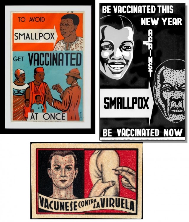Diferentes pósteres que hacían un llamamiento para que la gente se vacunara contra la viruela, hoy ya erradicada