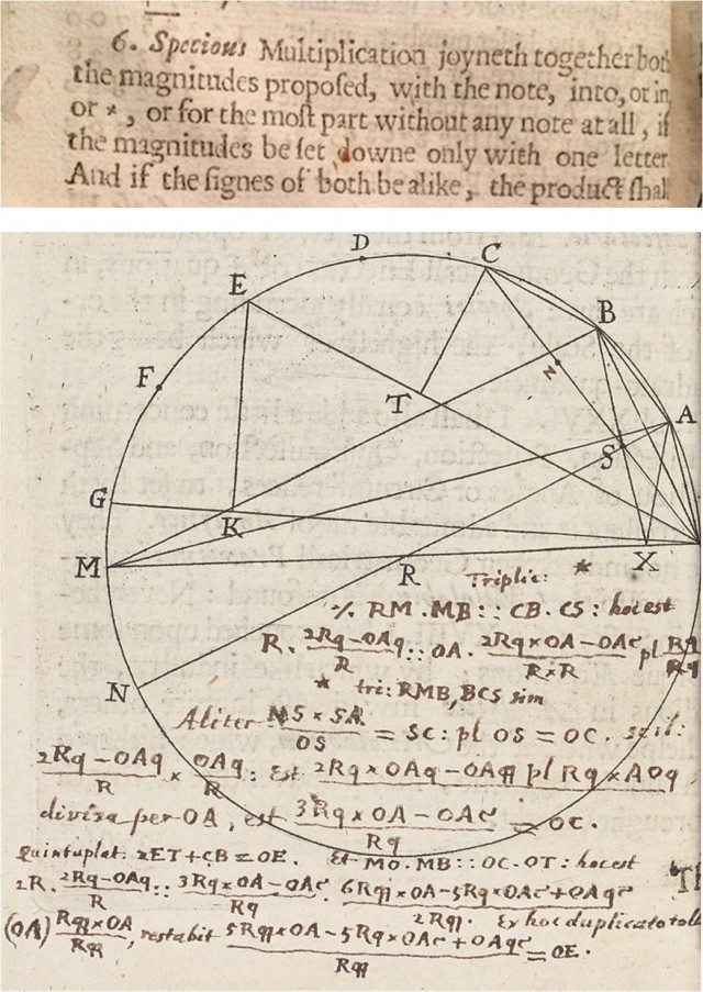 Dos trozos del libro Clavis Mathematicae (1631), en el que William Oughtred introduce el signo × para la multiplicación