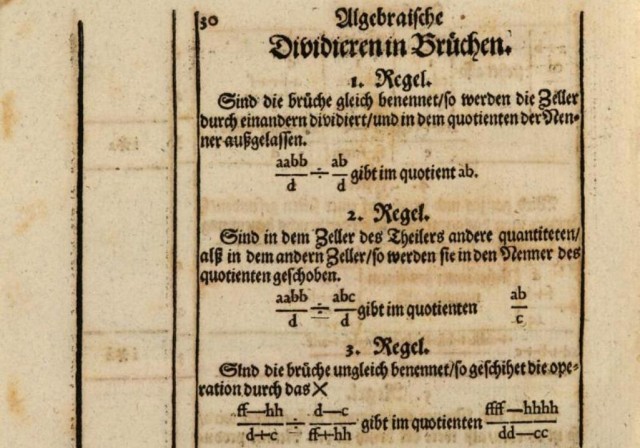 Página del libro "Teutsche Algebra" (1659), de John Rahn, en el que se introdujo el signo ÷ para la división