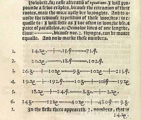 Página del libro "The Whetstone of Witte" (1557), de Robert Recorde, en el que aparece por primera vez el signo = para la igualdad