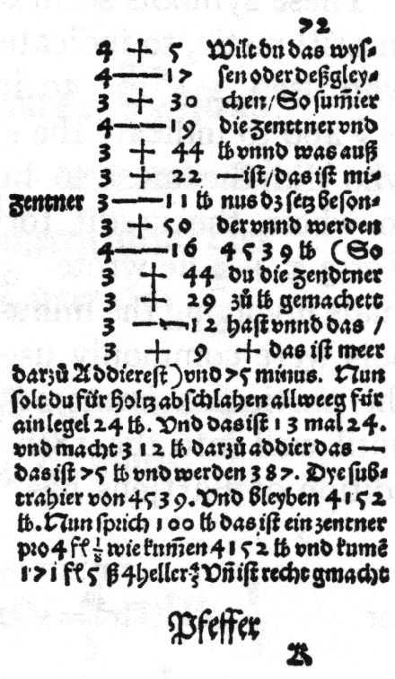 Primer uso de los signos + y – impresos en el libro Mercantile Arithmetic (1489), de Johannes Widman