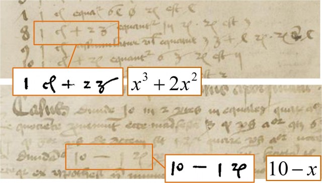 Signos más y menos, que aparecen en dos expresiones algebraicas, en dos hojas de los manuscritos latinos MS C80, páginas 350 y 352, de la Biblioteca de Dresde, del año 1486