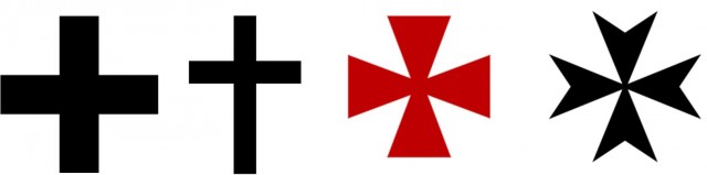 Diferentes tipos de cruces que se utilizaron para el signo de la adición. La cruz griega, la cruz latina, la cruz de San Jorge y la cruz de Malta
