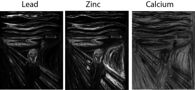 Figura 2. Imágenes de fluorescencia de rayos X en busca de compuestos conocidos de color blanco. De izquierda a derecha las imágenes correspondientes al estudio del plomo, zinc y calcio. Ninguno de estos elementos se detectó en el punto en el que se encuentra la mancha blanca.