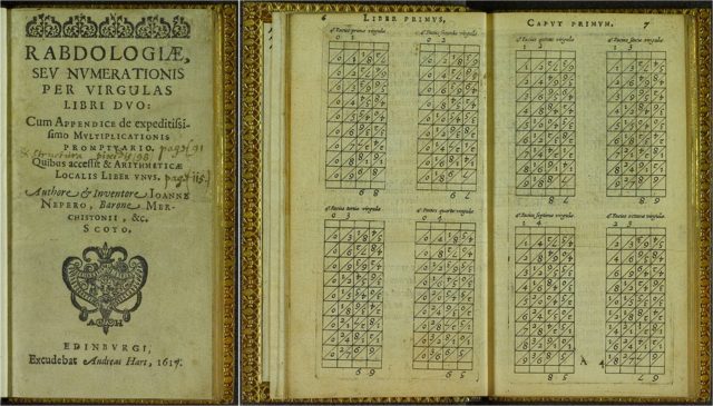 Portada y dos páginas interiores del texto Rabdologiae (1617) de John Napier