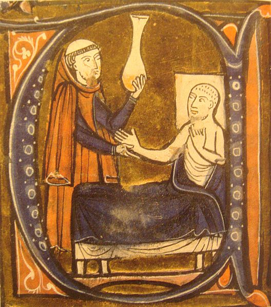 Al Razi analizando la orina de un enfermo según  Gerardus Cremonensis (s. XIII)