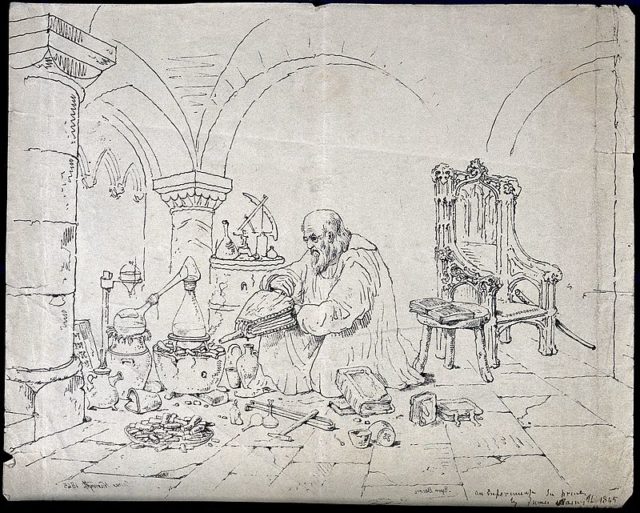 Roger Bacon como alquimista. Grabado de 1845.