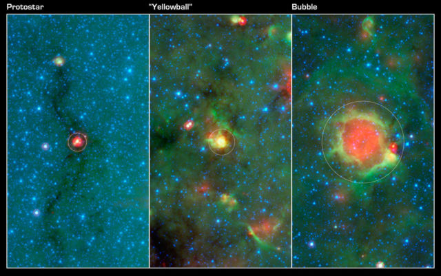  Imágenes tomadas en el infrarrojo por el telescopio Spitzer de NASA en las que se ve la evolución de la formación de estrellas masivas.