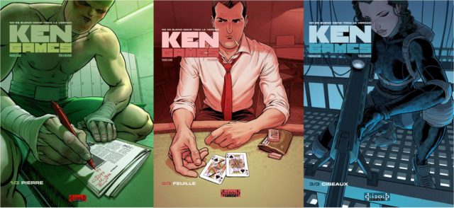 Portadas de los tres volúmenes del cómic "Ken Games" (2009-10), de José Robledo (guión) y Marcial Toledano (dibujos)