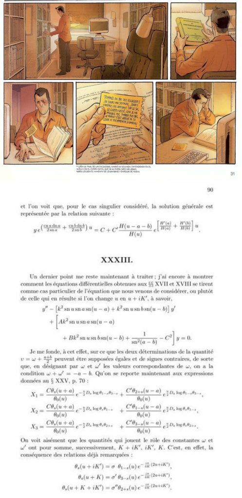 Viñetas de "Ken Games" en las que TJ coge el libro de Hermite y lo abre, así como la página del libro matemático que aparece