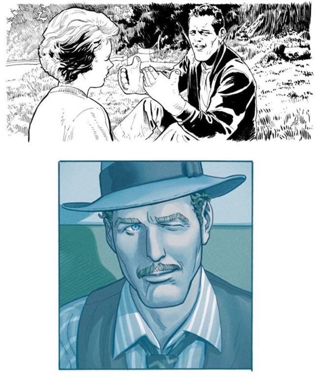 Fotogramas de "El Buscavidas" (en blanco y negro) y "El Golpe", interpretadas por Paul Newman, en el cómic "Ken Games"