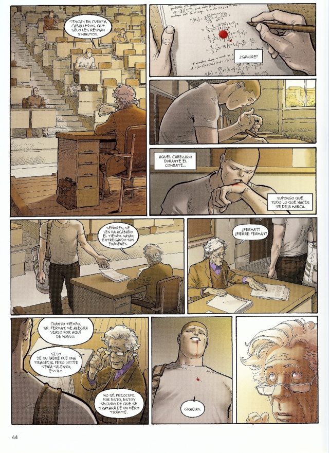 Una de las páginas finales del primer volumen, "Pierre", del cómic "Ken Games", en el que se le ve realizando, de nuevo, un examen de matemáticas en la facultad