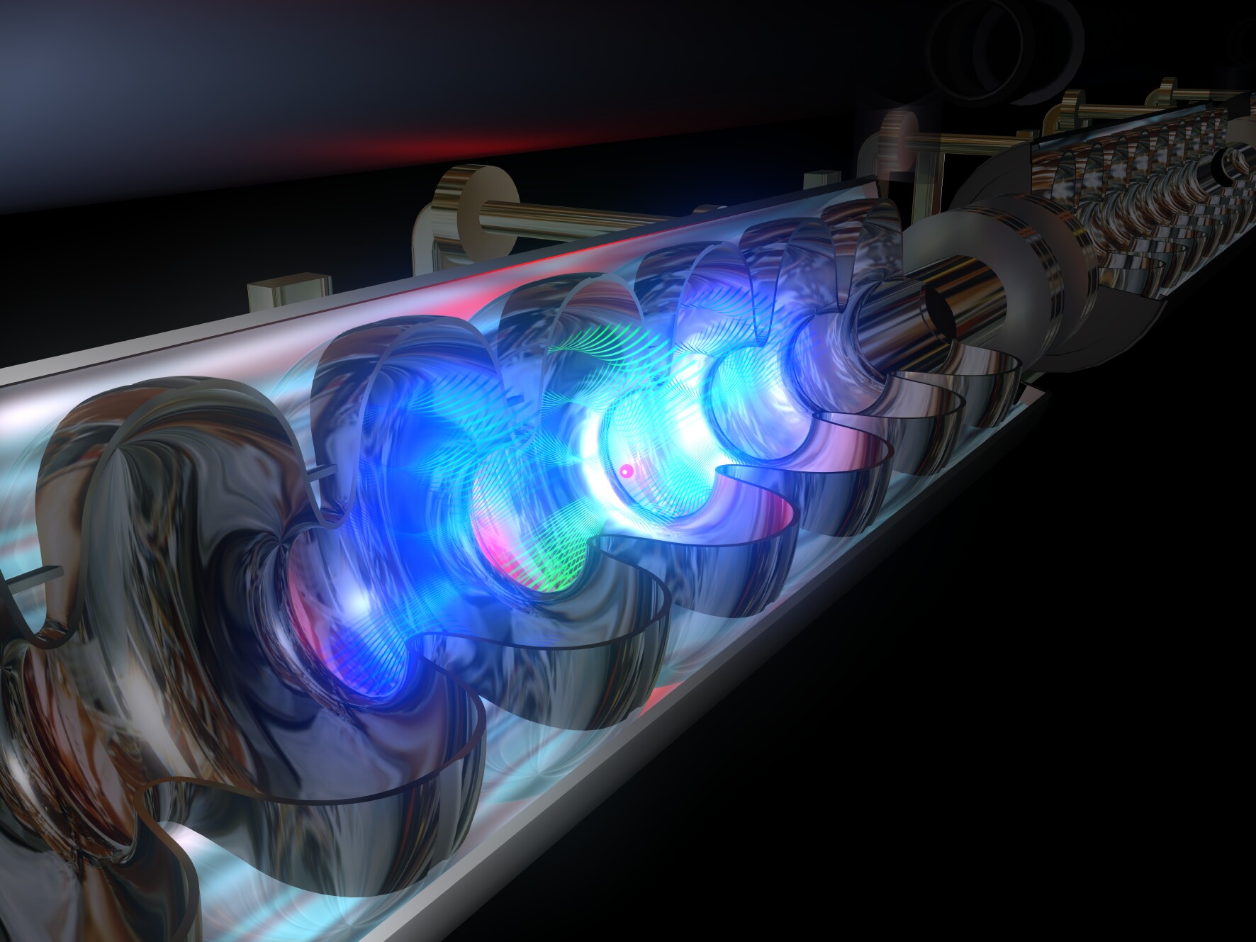 Representación artística de un haz de electrones en un ondulador, el corazón de un láser de electrones libres. | Fuente: FLASH-DESY
