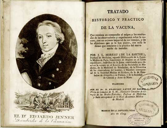 Edward Jenner. Grabado incluido en la traducción por Balmis del tratado de Moreau de la Sarthe (Tratado histórico y practico de la vacuna…, Madrid, En la Imprenta Real, 1803)