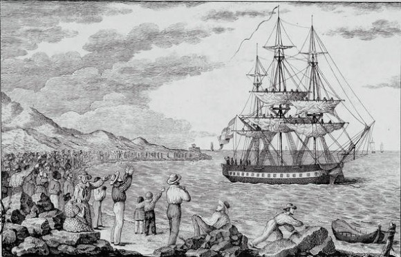 Corbeta María Pita zarpando de uno de los puertos del Caribe (1803-1804). / Grabado de Francisco Pérez (BNE)