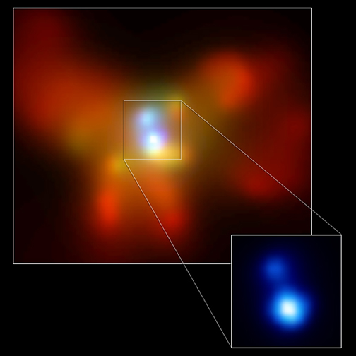 NGC 6240, ejemplo de una colisión de galaxias, cada una de ellas con su agujero negro. En la imagen se ha combinado el óptico y el infrarrojo. Probablemente estos dos agujeros negros acabarán convirtiéndose en uno solo, como las galaxias en las que se encuentran. Imagen: NASA/CXC/MPE.