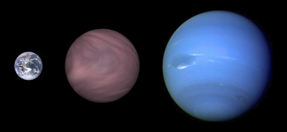 GJ1214b comparado con la Tierra (izqda.) y Neptuno (dcha.). Imagen: Wikimedia Commons