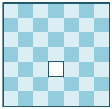 Problema 4: Encontrar un recubrimiento de este tablero deficiente 7 x 7 haciendo uso de seis losetas rectangulares 2 x 3 y cuatro L-triominós