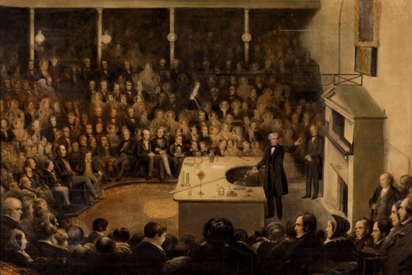 Michael Faraday dando una conferencia en la Royal Institution en diciembre de 1855. Óleo de Alexander Blaikley