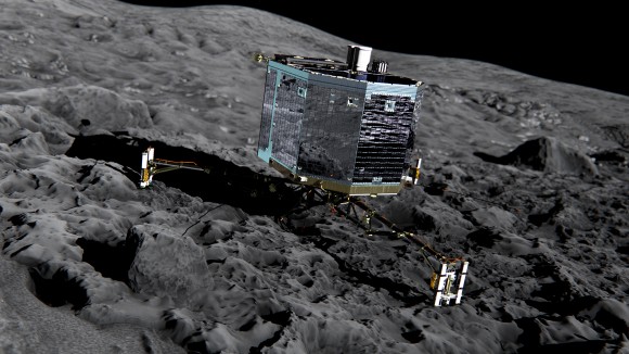 Sonda Philae sobre la superficie del cometa (reconstrucción) (Imagen: ESA)