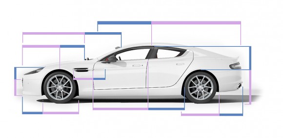 Imagen del modelo Rapide S de Aston Martin que aparece en su página web, indicando las proporciones áureas en el diseño exterior de este modelo