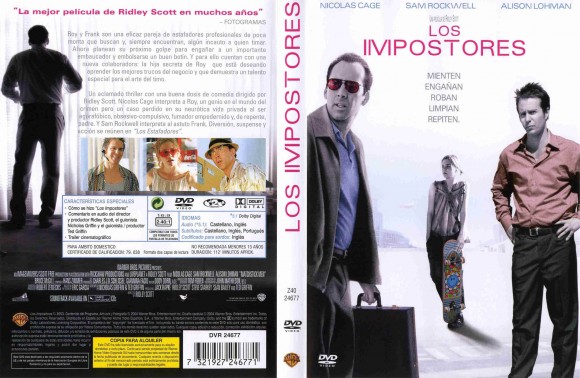 Carátula del DVD de la película “Los impostores” (2003), de Ridley Scott, cuyo protagonista, interpretado por Nicolas Cage, padece agorafobia y un trastorno obsesivo compulsivo