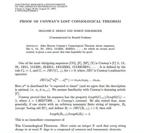 Shalosh B. Ekhad, Doron Zeilberger, Proof of Conway's Lost Cosmological Theorem, Electronic Research Announcement of the Amer. Math. Soc. 3, 78-82, 1997