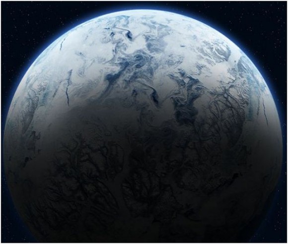 Representación artística de la Tierra en la glaciación huroniana. Fuente: Fahad Sulehria (2007). “Terrestrial planet [Earth-sized]“.