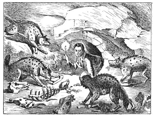 Viñeta de William Conybeare que representa a William Buckland asomando la cabeza en una madriguera de hienas, con motivo de la descripción de los fósiles de Kirkdale.