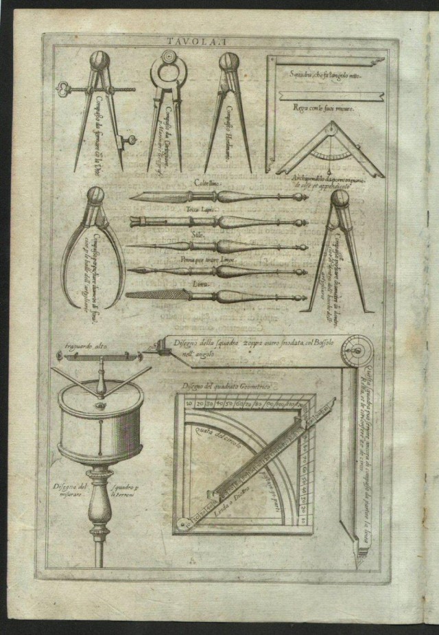  Página del libro La geometria prattica (1599) de Giovanni Pomodoro, en la que aparece el cuadrante geométrico de Pomodoro.