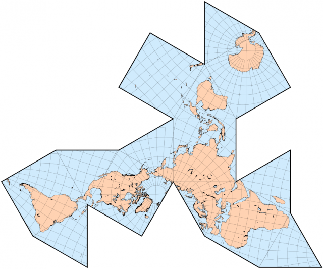 Reconstrucción del mapa dymaxion de Fuller sobre el cubo-octaedro, realizada por Carlos Furuti