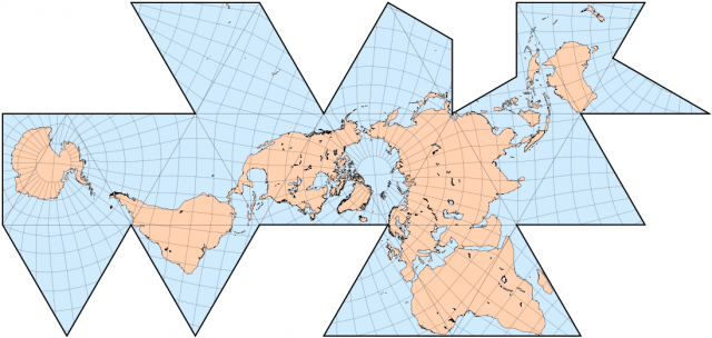 Reconstrucción del mapa dymaxion de Fuller sobre el icosaedro, realizada por Carlos Furuti