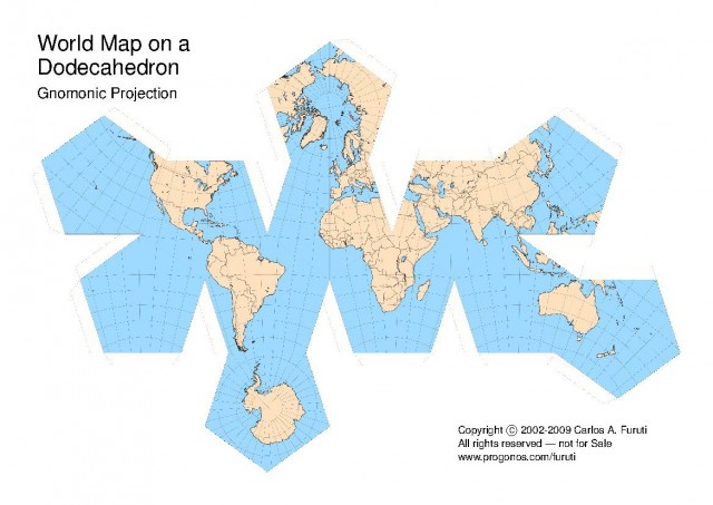 Mapa obtenido al desplegar el mapa dodecaédrico anterior, de la página de Carlos Furuti