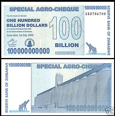 Un billete de 100 millardos de dólares zimbabuenses