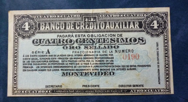 Billete de 4 centésismos de Uruguay (1887)