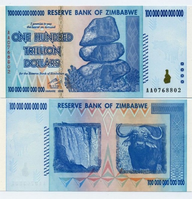 Un billete de 100 billones de dólares zimbabuenses