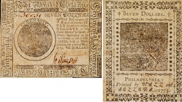 Billete de 7 dólares (1776), de “Estados Unidos de América”, emitidos por el Congreso continental en Filadelfia