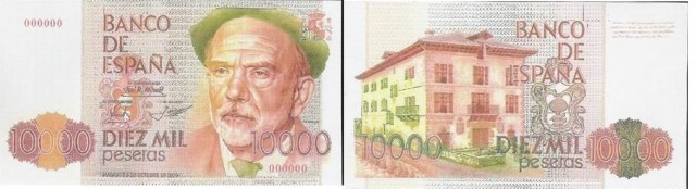 Proyecto de billete de 10.000 pesetas de 1979, que tenía el retrato de Pío Baroja en el anverso del billete, y en el reverso el caserío que compró en las afueras de Vera de Bidasoa