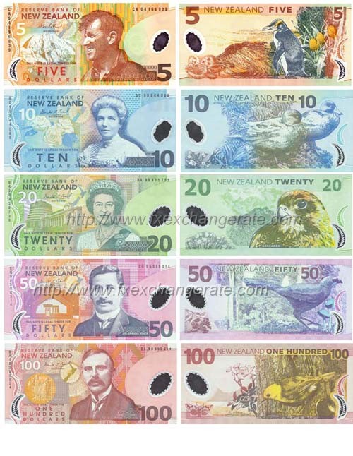 Billetes de 5, 10, 20, 50 y 100 dólares neozelandeses. Las monedas del dólar neozelandés son de 1 y 2 dólares, así como de 10, 20 y 50 centavos
