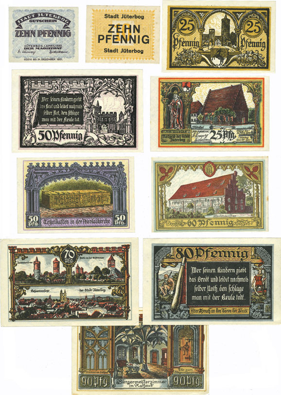 Antiguos billetes alemanes de 10, 15, 25, 50, 60, 70, 80 y 90 peniques