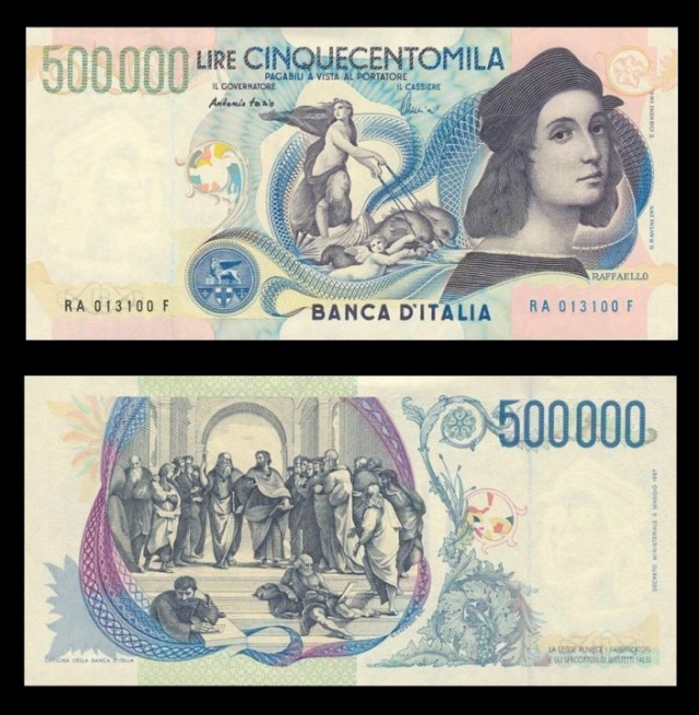 Billete de 500.000 liras italianas, en el que aparece un retrato de Rafael, el pintor renacentista italiano, y su cuadro Escuela de Atenas