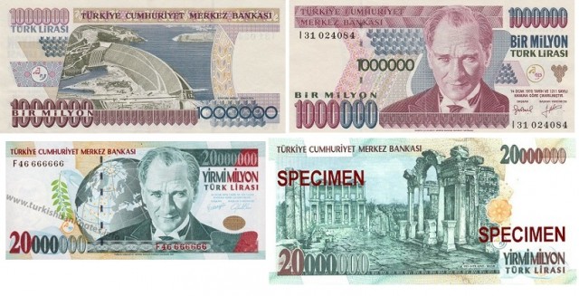 Billetes turcos, anteriores a 2005, con un valor de 1 y 20 millones de las viejas liras turcas