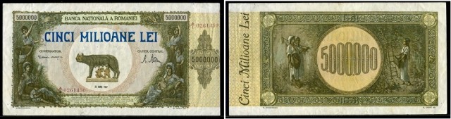  Billetes rumanos con un valor de 5.000.000 de lei rumanos