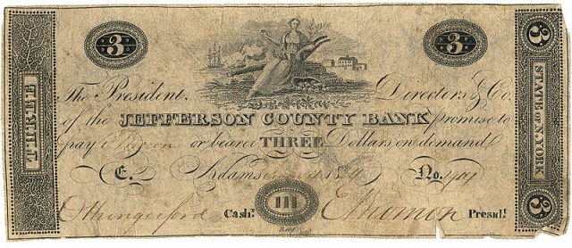  Billete de 3 dólares del Condado de Jefferson, de 1824, o incluso anterior