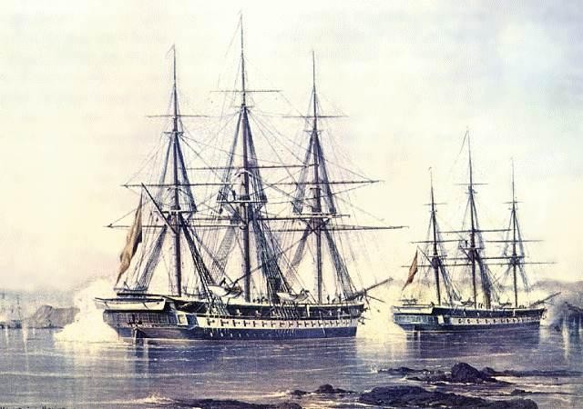 La fragata Blanca (a la izquierda) en la batalla de Abtao (1866)