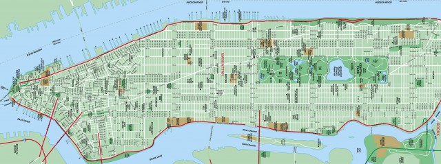 Mapa de Manhattan, en el que puede observarse que es una ciudad rectangular