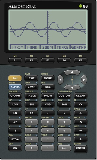 Una aplicación para teléfonos Andriod cuya interfaz de usuario tiene el aspecto de una calculadora gráfica de Texas Instruments.