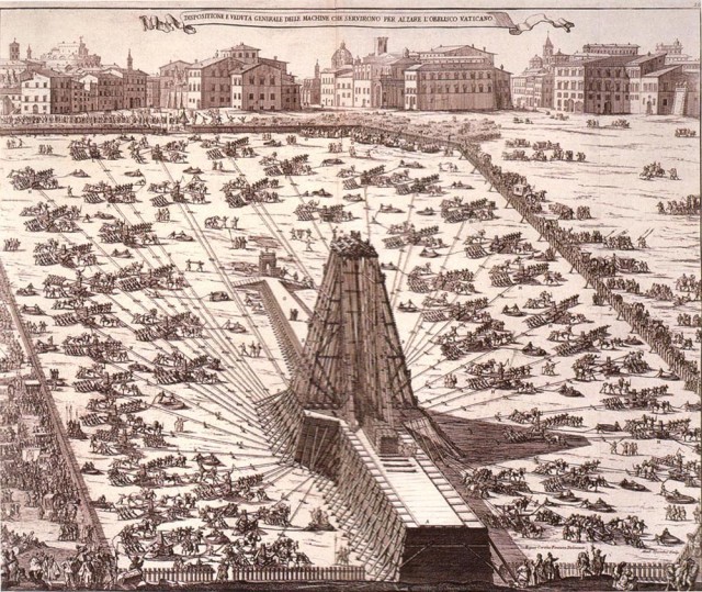 Erección del obelisco en la Plaza de San Pedro del Vaticano en 1586.